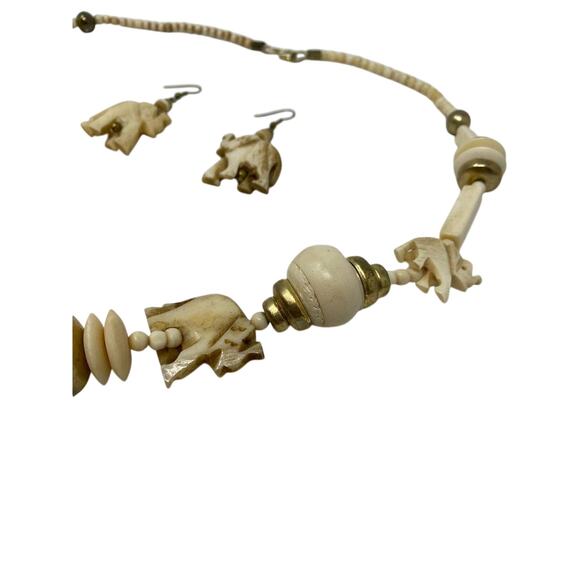 Carved Elephant Pendant Vintage Bovine Bone Bead Necklaces Lot, Used - Picture 6 of 8